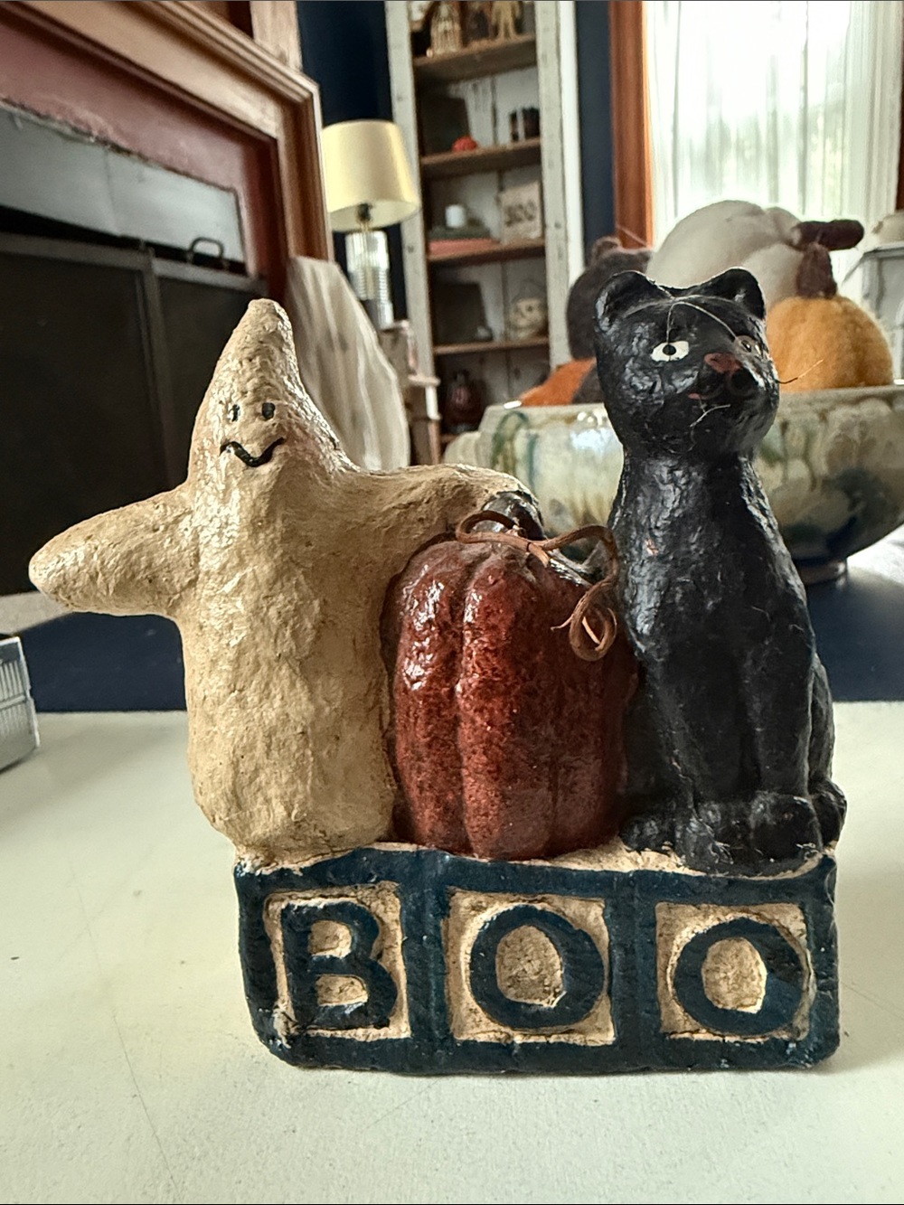 Halloween BOO Figurine with Cream Ghost, Black Cat, and Orange Pumpkin